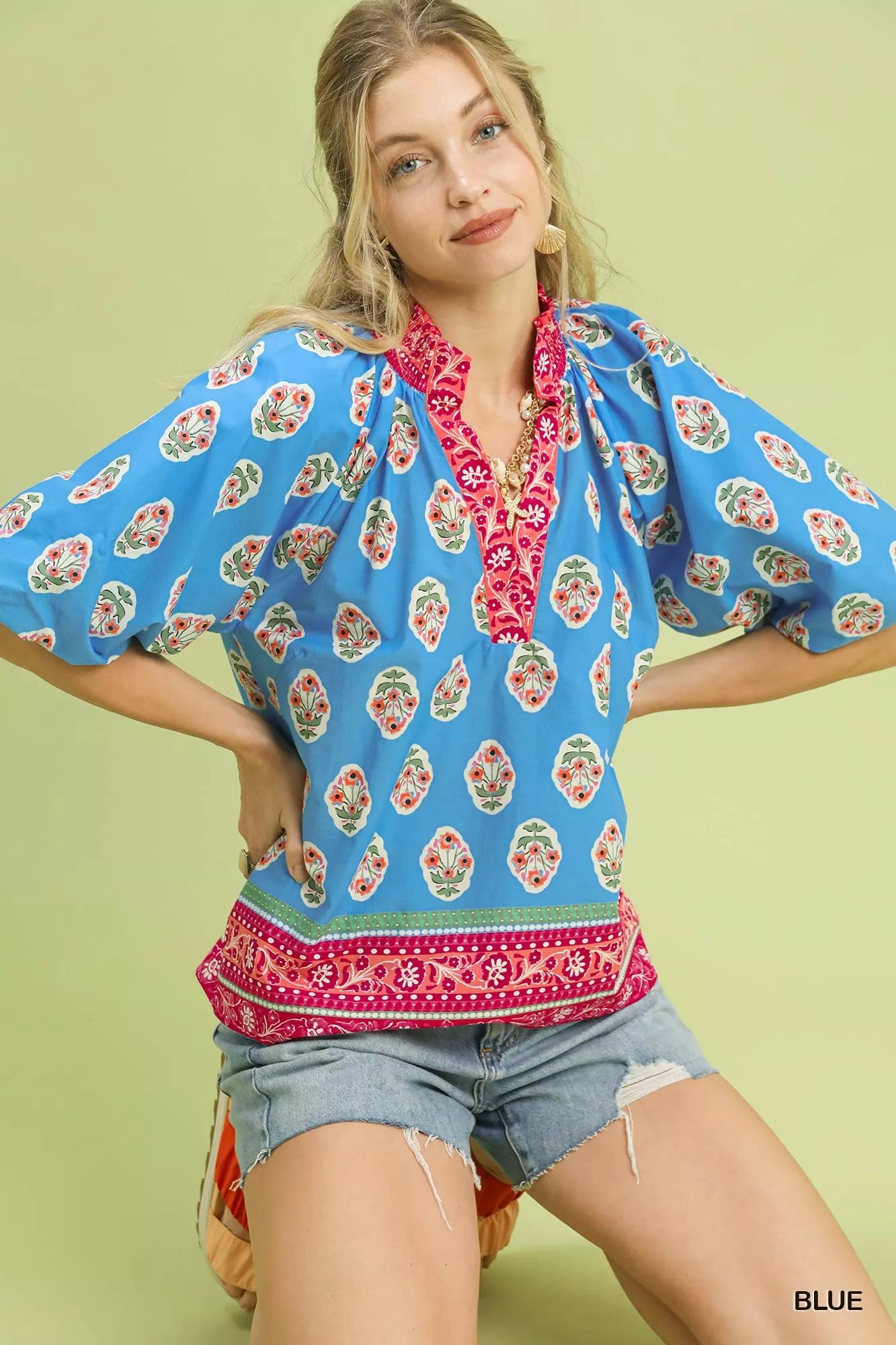 Umgee Womens Blouse Blue Boho Border Print Peasant Short Sleeve Top 8b732d05-9fda-44f2-a36e-1d9343f9a4ed-Max-Origin Trendsi