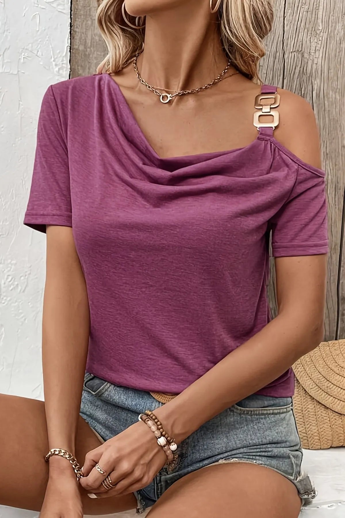 Women's T-Shirt Asymmetric Shoulder with Metal Buckle Detail Short Sleeve 8b74941a-2215-491a-a99a-7a0ea0797d2f-Max-Origin Trendsi
