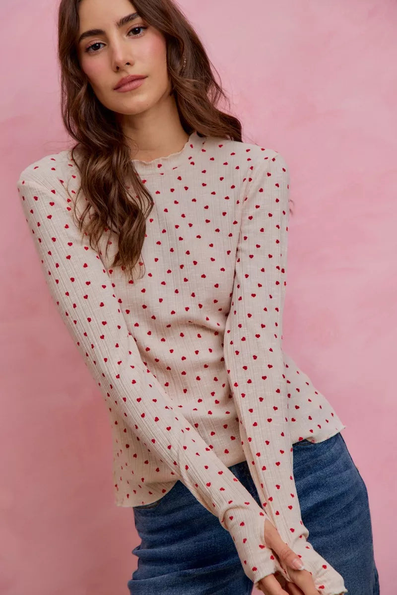SO ME Women Blouse Valentine Ditsy Heart All Over Slub Rib Knit Top 8b7f7d0f8bb841b395fa633eb246bd11-Max-Origin Trendsi