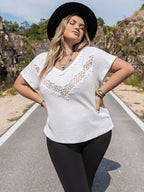 Plus Size V-Neck Short Sleeve Blouse with Lace Detail