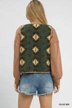 Umgee Womens Vest Olive Mix Patterned Sherpa Tie-Front with Pockets 8b809d19-c7c2-4f86-9aa1-c2b30b72d3ec-Max-Origin Trendsi