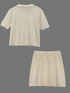 Women's Sweater Set Openwork Knit Button Up Short Sleeve Top and Mini Skirt 8b8624c0f24b436aae7c702fcec4ff43-Max-Origin Trendsi