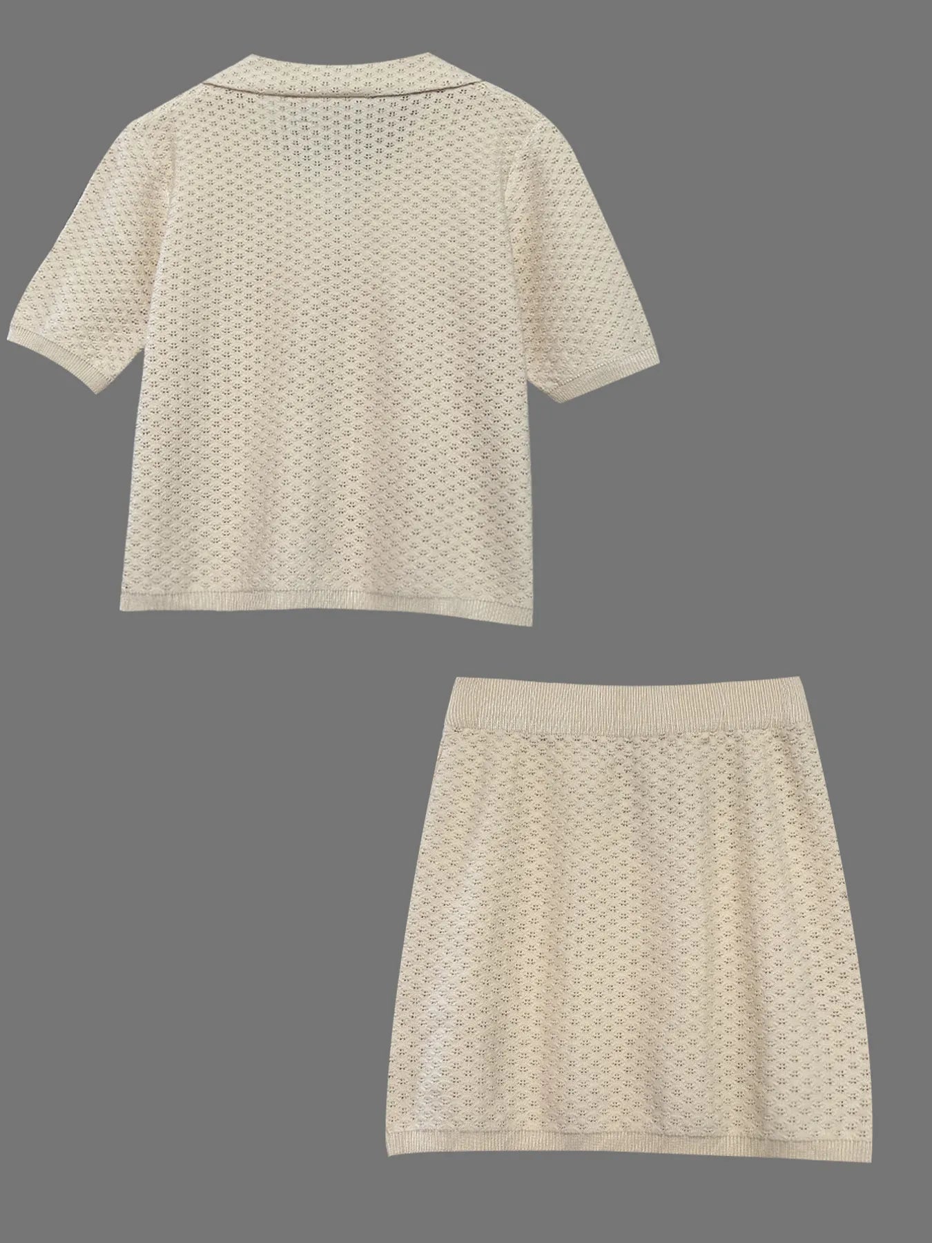 Women's Sweater Set Openwork Knit Button Up Short Sleeve Top and Mini Skirt 8b8624c0f24b436aae7c702fcec4ff43-Max-Origin Trendsi