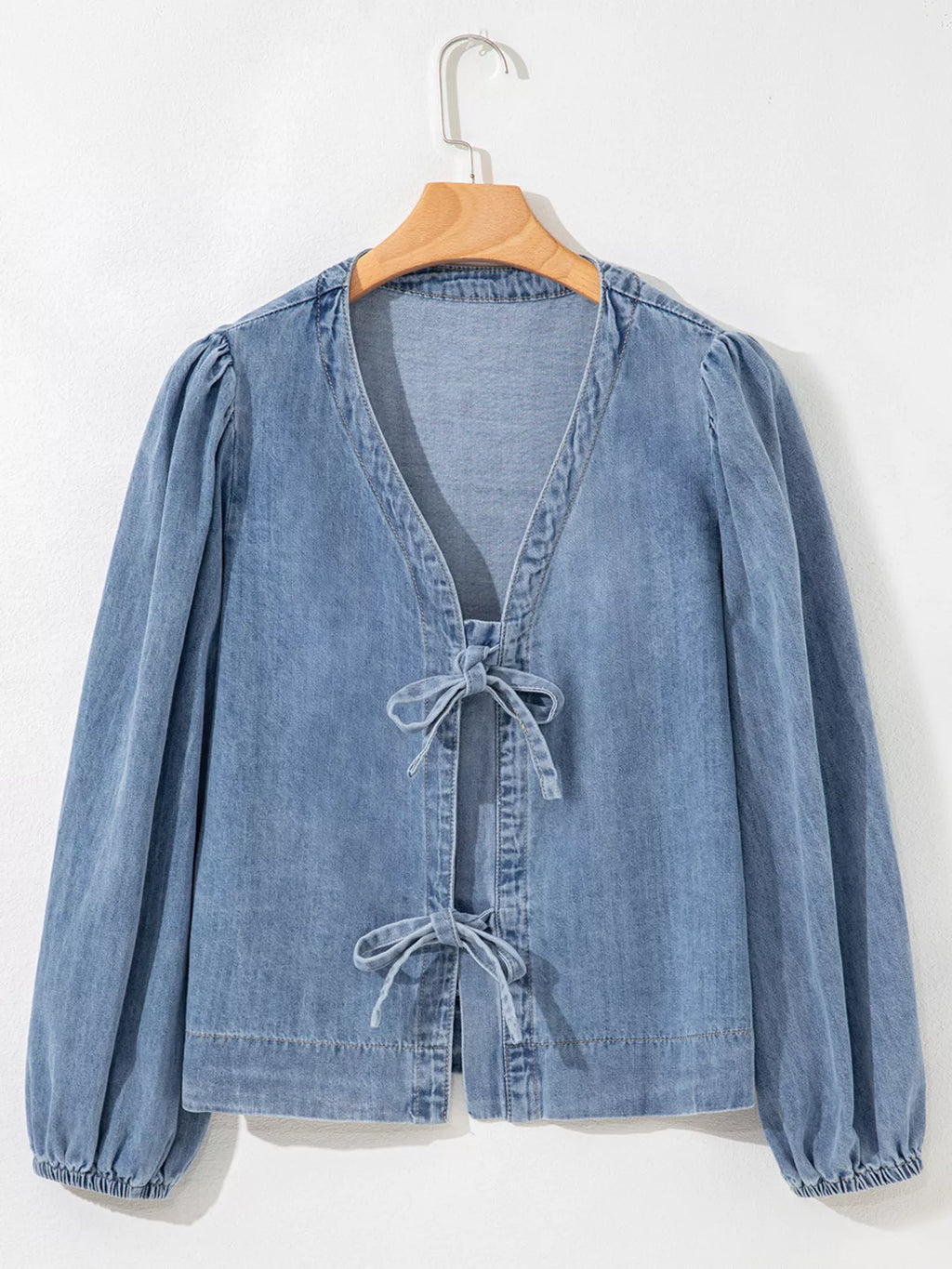 Women's Denim Top Tied Front Puff Long Sleeve Dusty Blue Blouse 8b8893b1a35c4c4191462306a32a48f0-Max-Origin Trendsi