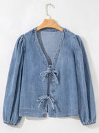 Women's Denim Top Tied Front Puff Long Sleeve Dusty Blue Blouse 8b8893b1a35c4c4191462306a32a48f0-Max-Origin Trendsi