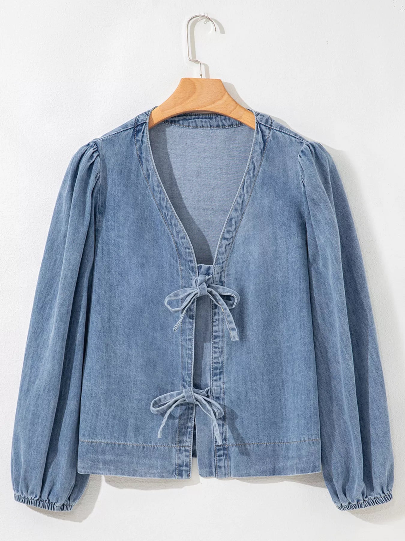 Women's Denim Top Tied Front Puff Long Sleeve Dusty Blue Blouse 8b8893b1a35c4c4191462306a32a48f0-Max-Origin Trendsi