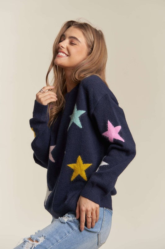 ADORA Women's Sweater Dark Navy Stars Pattern Drop Shoulder Long Sleeve Pullover