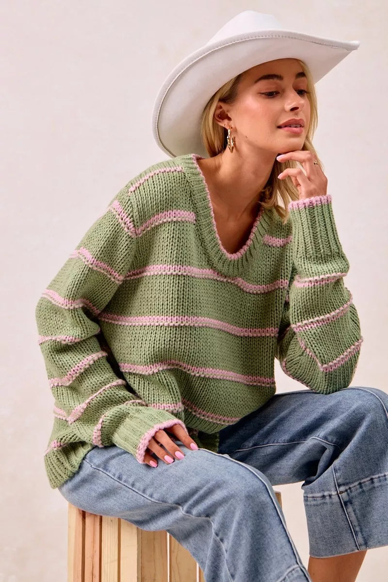 BiBi Womens Sweater Striped Sage Green Long Sleeve Oversized Pullover 8b939737d6ca416a986358f5bee260a0-Max-Origin Trendsi