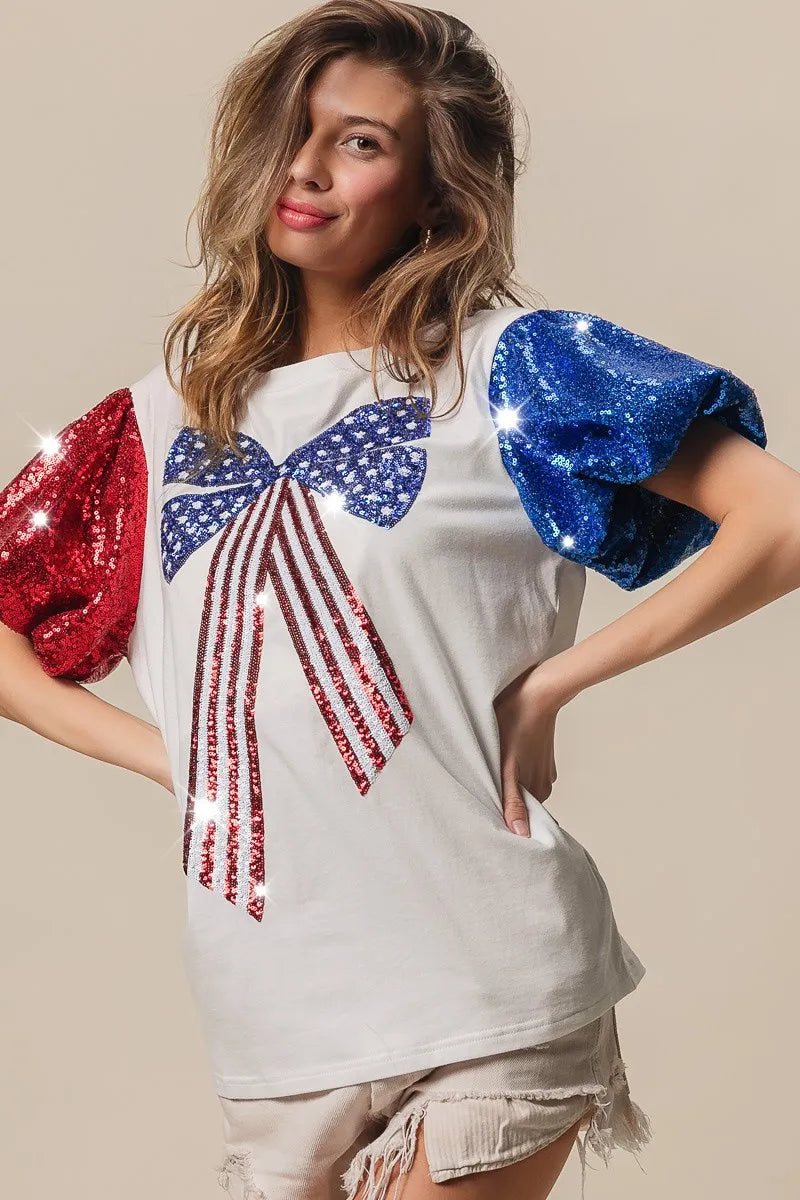 BiBi Cotton T-shirt Sequin American Flag Bow Top Short Puff Sleeve 8b974f09af704a8d884d30be779b3a85-Max-Origin Trendsi