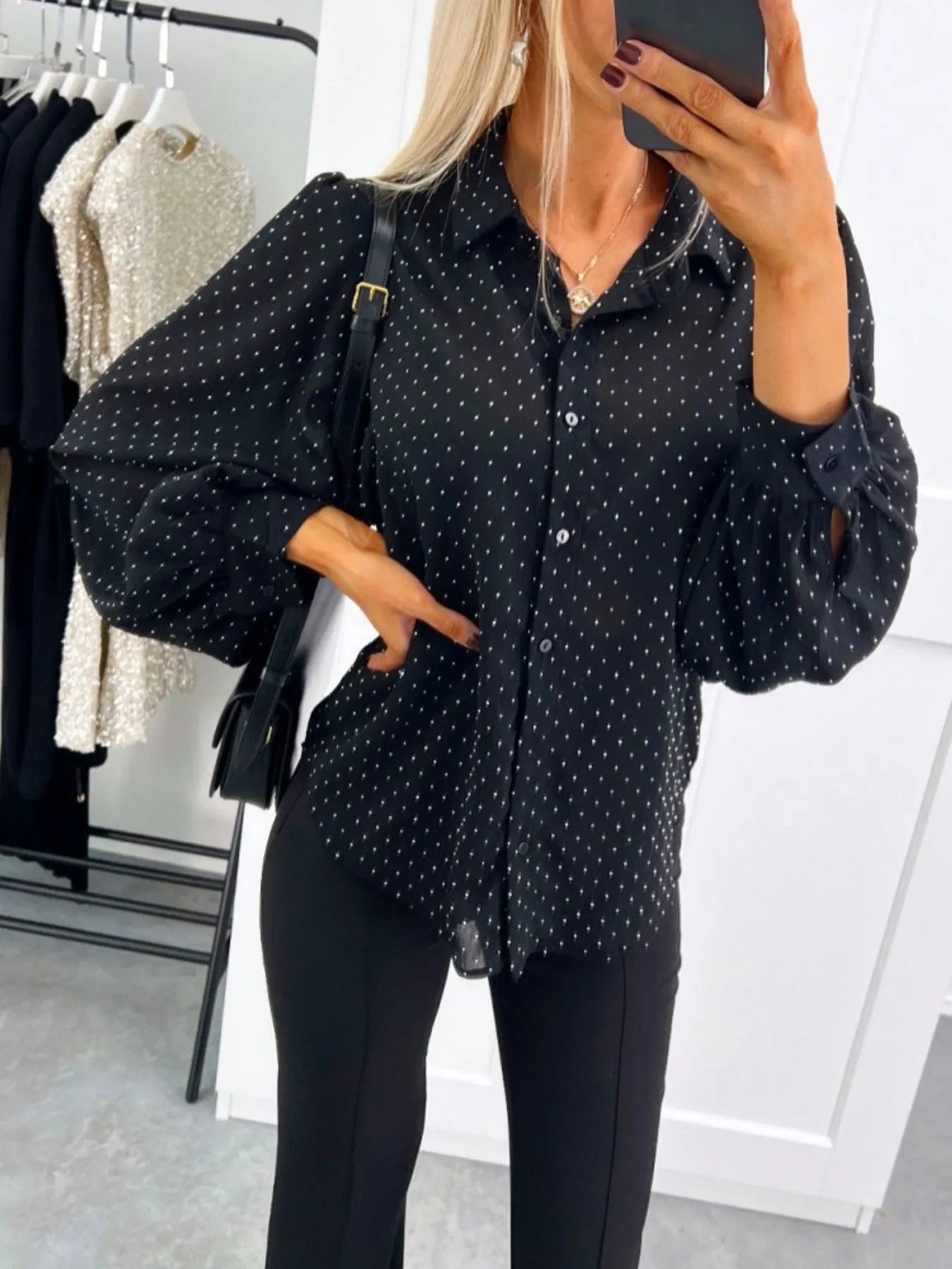 Women's Shirt Polka Dot Blouse Long Sleeve Single Breasted Top Black 8b9e8b32-f069-4e52-857d-54b8a0f1926a-Max-Origin Trendsi