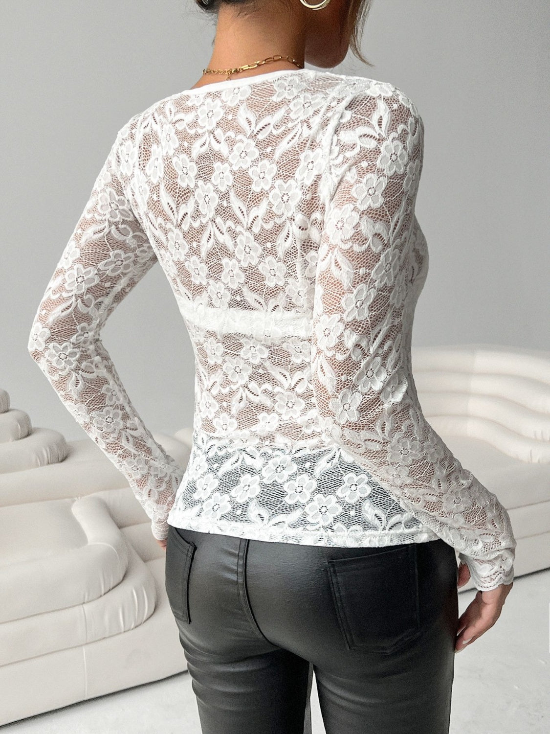 Women Floral Lace Top V-Neck Long Sleeve Transparent Sheer Slim White Blouse 8ba8514a-8f8f-4b96-9408-8c0ced4b493d-Max Trendsi