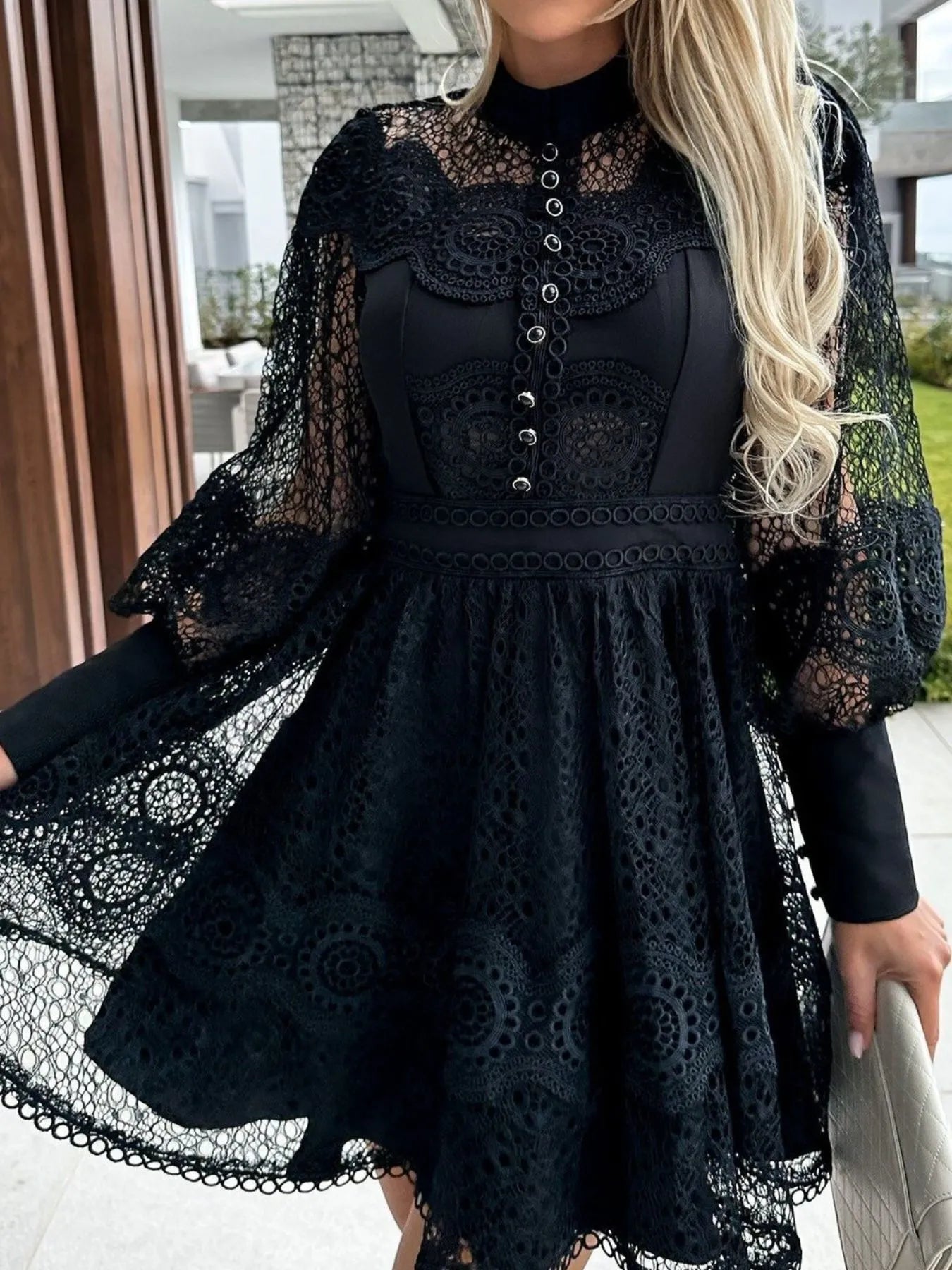 Mini Dress Floral Lace Lantern Long Sleeve Pearl Button High Neck Ruffled 8bc4842d-302a-4815-a997-8804abb8e79d-Max-Origin Trendsi
