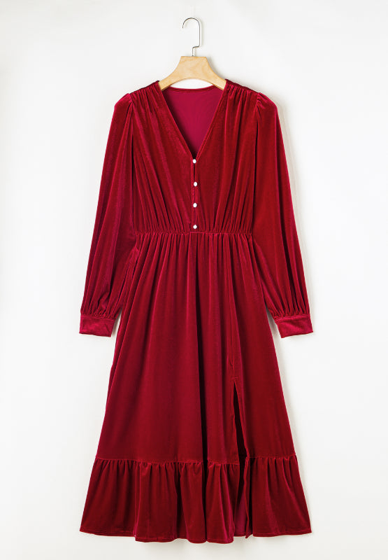 Black Velvet Midi Dress Ruffle Hem Slit V-Neck Buttoned Long Sleeve Dresses 8bcc1fd7-3f7b-4d0f-944c-f293a5340b3d-Max Trendsi