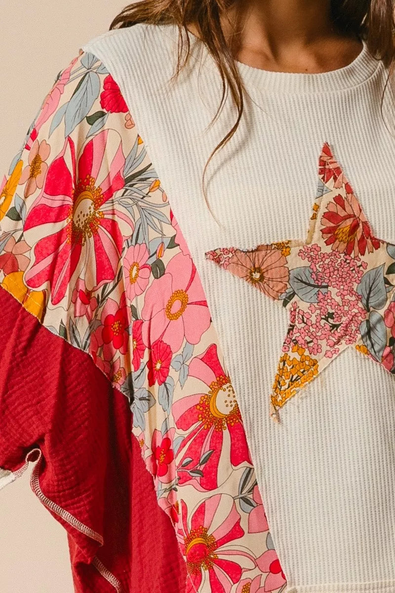 BiBi Sweatshirt Floral Print Mixed Star Patch Round Neck Top 8bd5977218db49d6aa40e7c191e04d86-Max-Origin Trendsi