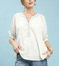 Umgee Textured Split Neck Puff Sleeve Top