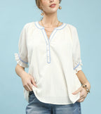 Umgee Textured Split Neck Puff Sleeve Top