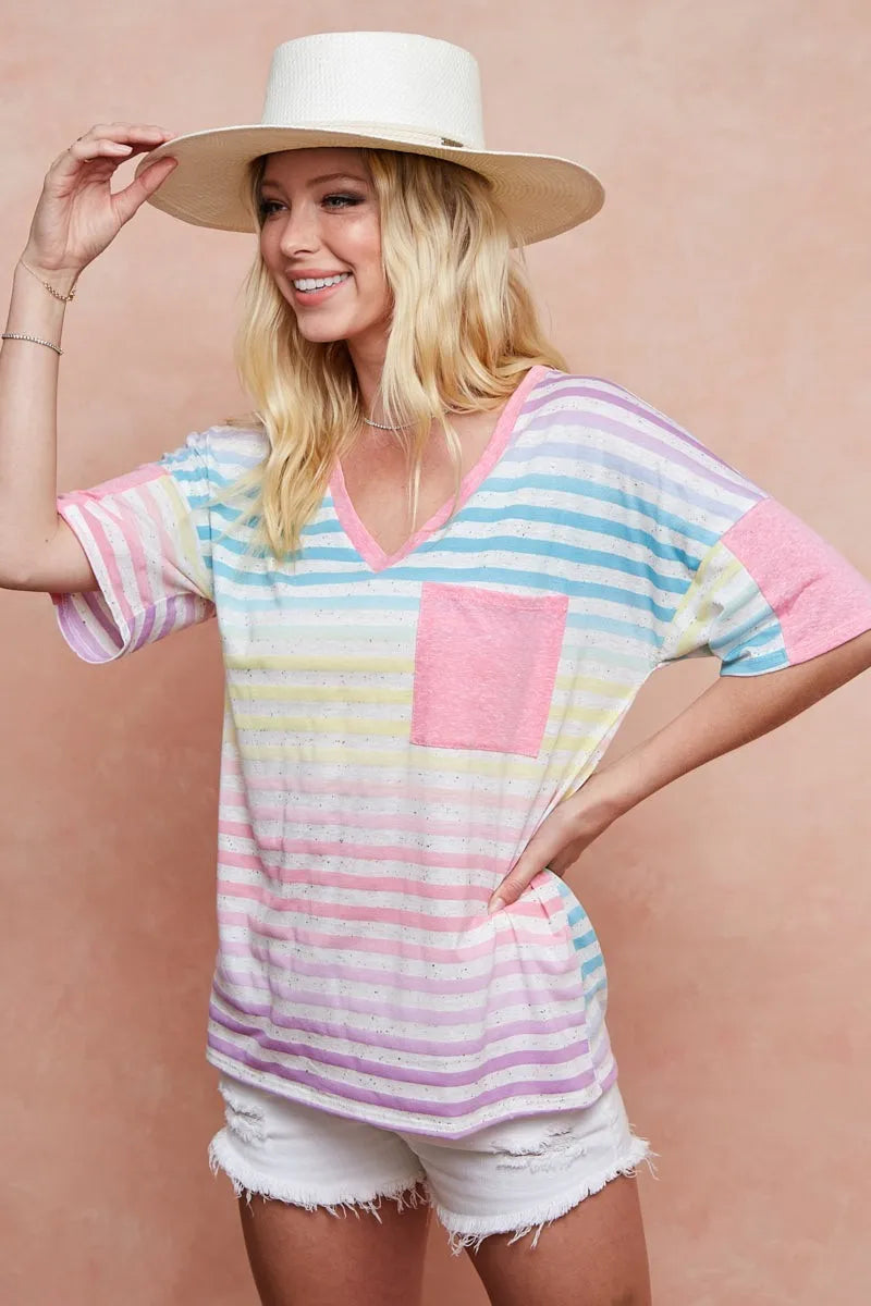 BiBi Cotton T-shirt Rainbow Stripe Printed Triblend Knit Short Sleeve Top 8bdf86c503484c8e849871d4b8695847-Max-Origin Trendsi