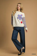 Umgee Sweater Cream Flower Jacquard Striped Long Sleeve Knit Pullover 8be33ae2-e43a-4c0b-b38a-982722fee290-Max-Origin Trendsi