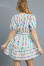 Umgee Mini Dress Ivory Ruffle Floral Printed Bow Tie Waist Puff Short Sleeve 8be9197f-9016-4bf6-b1ef-bfb3c09dd3cc-Max-Origin Trendsi