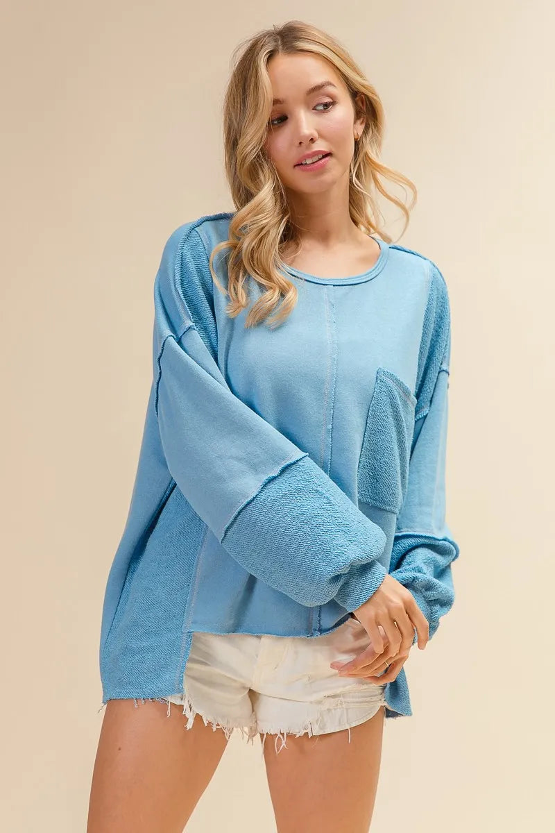 BiBi Women's Sweatshirt Oversized Pocket Front Blue Long Sleeve Top 8bed52e3771649efa1cd3ebf12f7c9bc-Max-Origin Trendsi