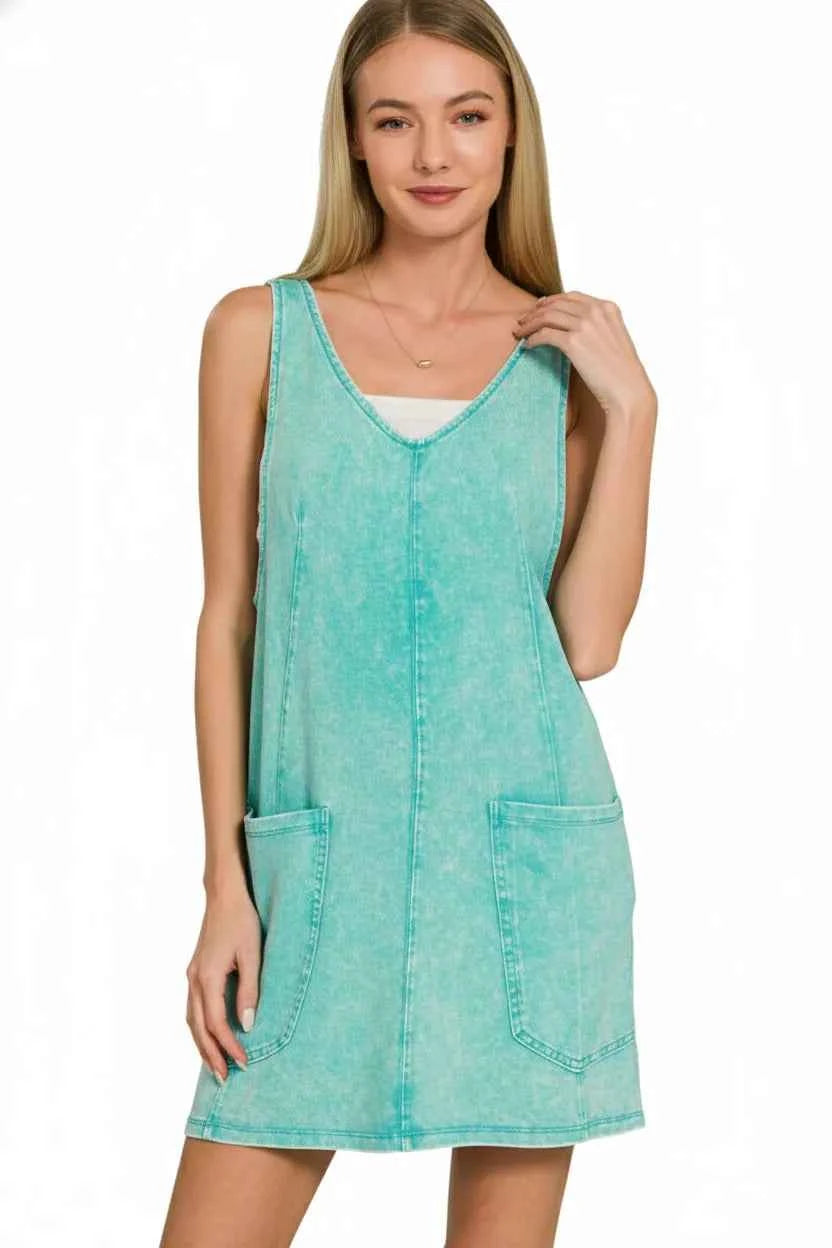 Zenana Acid Washed Overall Knit Mini Dress