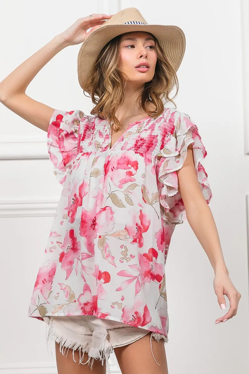 BiBi Blouse Ruffled Floral Print Flutter Sheer Top Short Sleeve 8c00e8930a9142fabfbbfa860b8e98b7-Max-Origin Trendsi