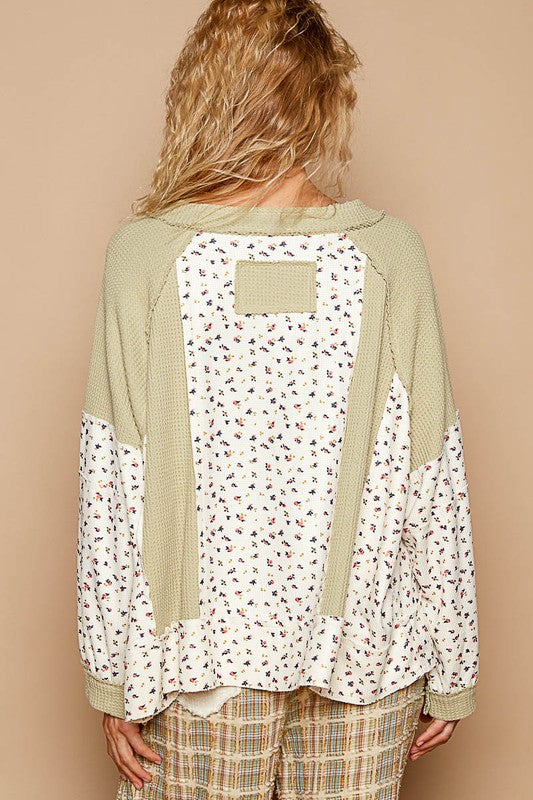 POL Waffle Knit Women Top Floral Sage Cotton Blend Long Sleeve Oversized