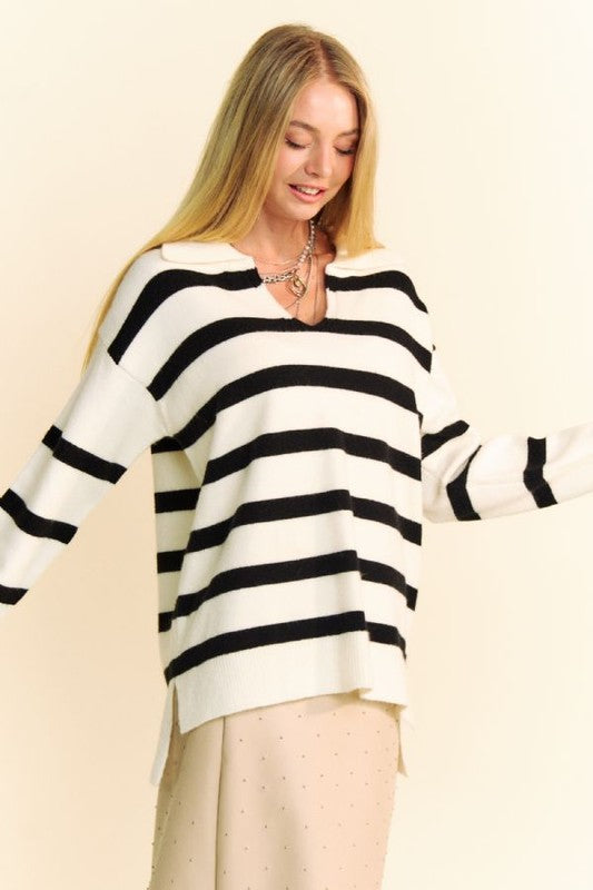 Davi & Dani Women Sweater Striped Side Slit Johnny Collar Long Sleeve 8c04eb38-6f78-41c8-b26e-f48daa33efcc-Max Trendsi