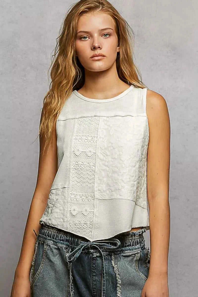 POL Ribbed Round Neck Cropped Tank with Lace Detail