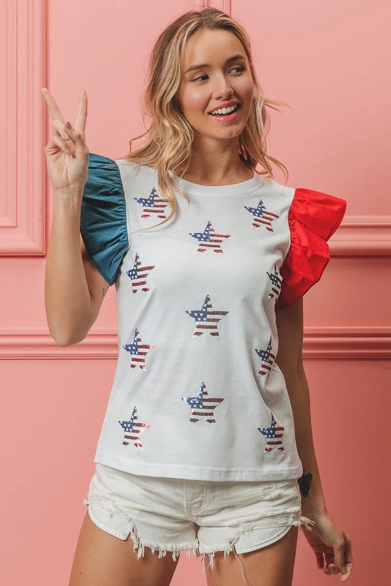BiBi American Flag T-shirt Women's Sequin Stars Cotton Top 8c094f7ecc974af290117f933cd49e94-Max-Origin Trendsi