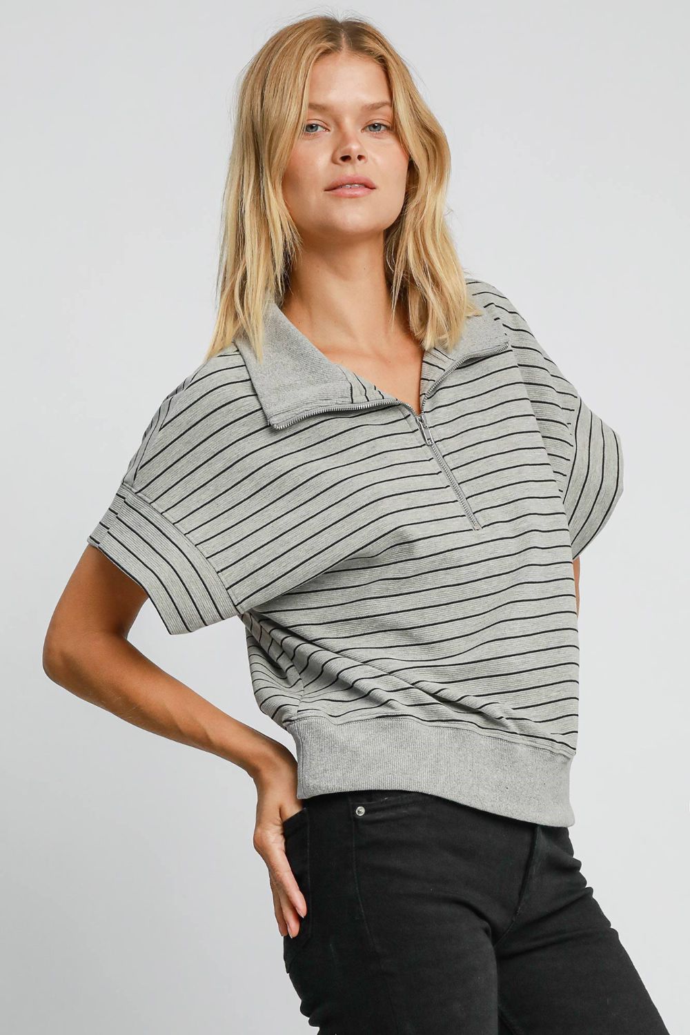 Umgee USA Striped Gray Sweatshirt Cotton Blend Half Zip Short Sleeve Collared