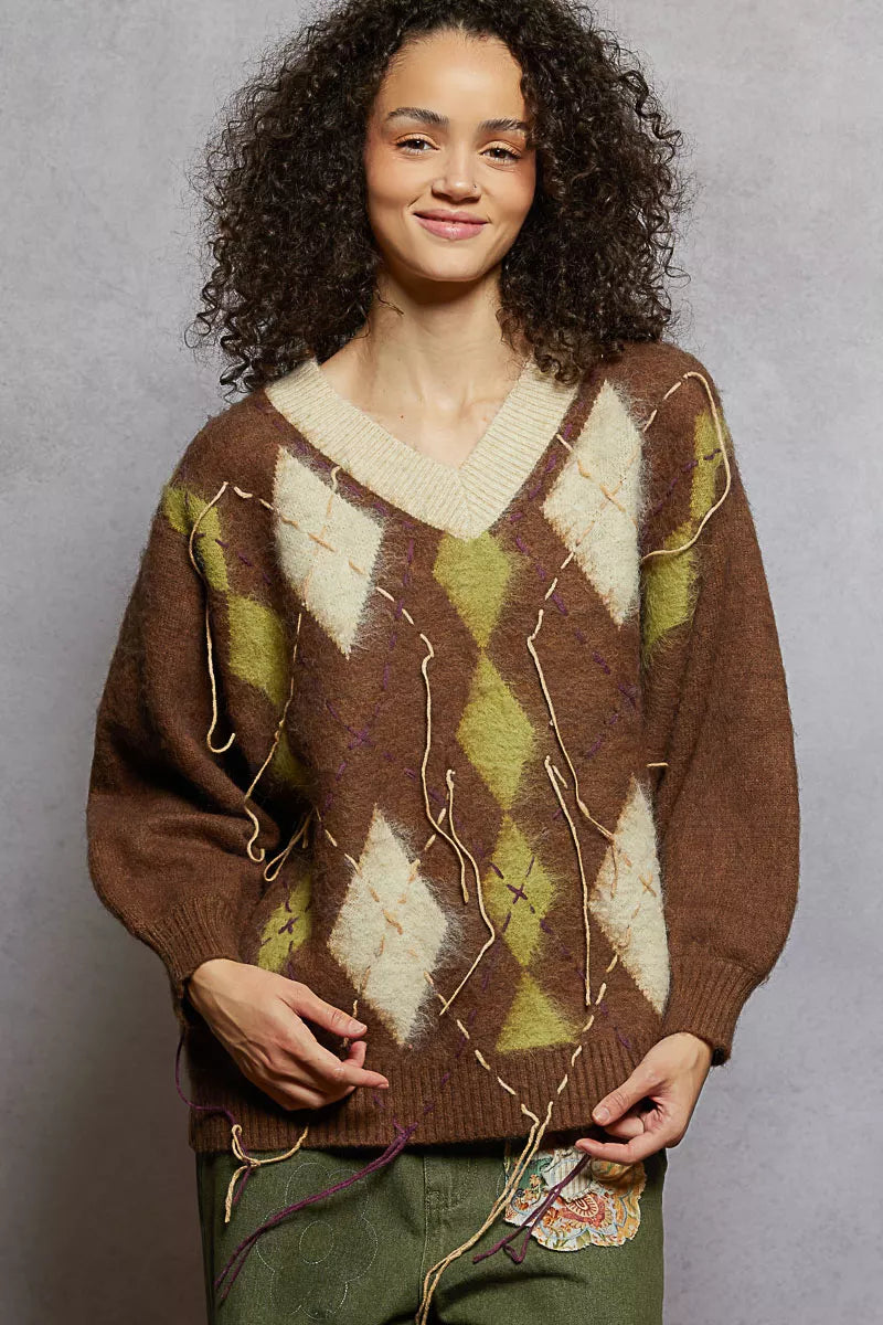 POL Sweater V-Neck Mocha Argyle Pattern Mohair with Contrast Exposed Stitch 8c1226e4-d255-4a49-9917-51fa66d73149-Max-Origin Trendsi