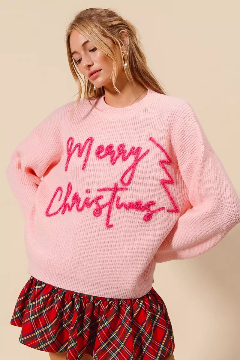 SO ME Womens Sweater Pink Merry Christmas Tinsel Lettering Pullover 8c1c7c0681594ef0b34b49027aa61b0b-Max-Origin Trendsi