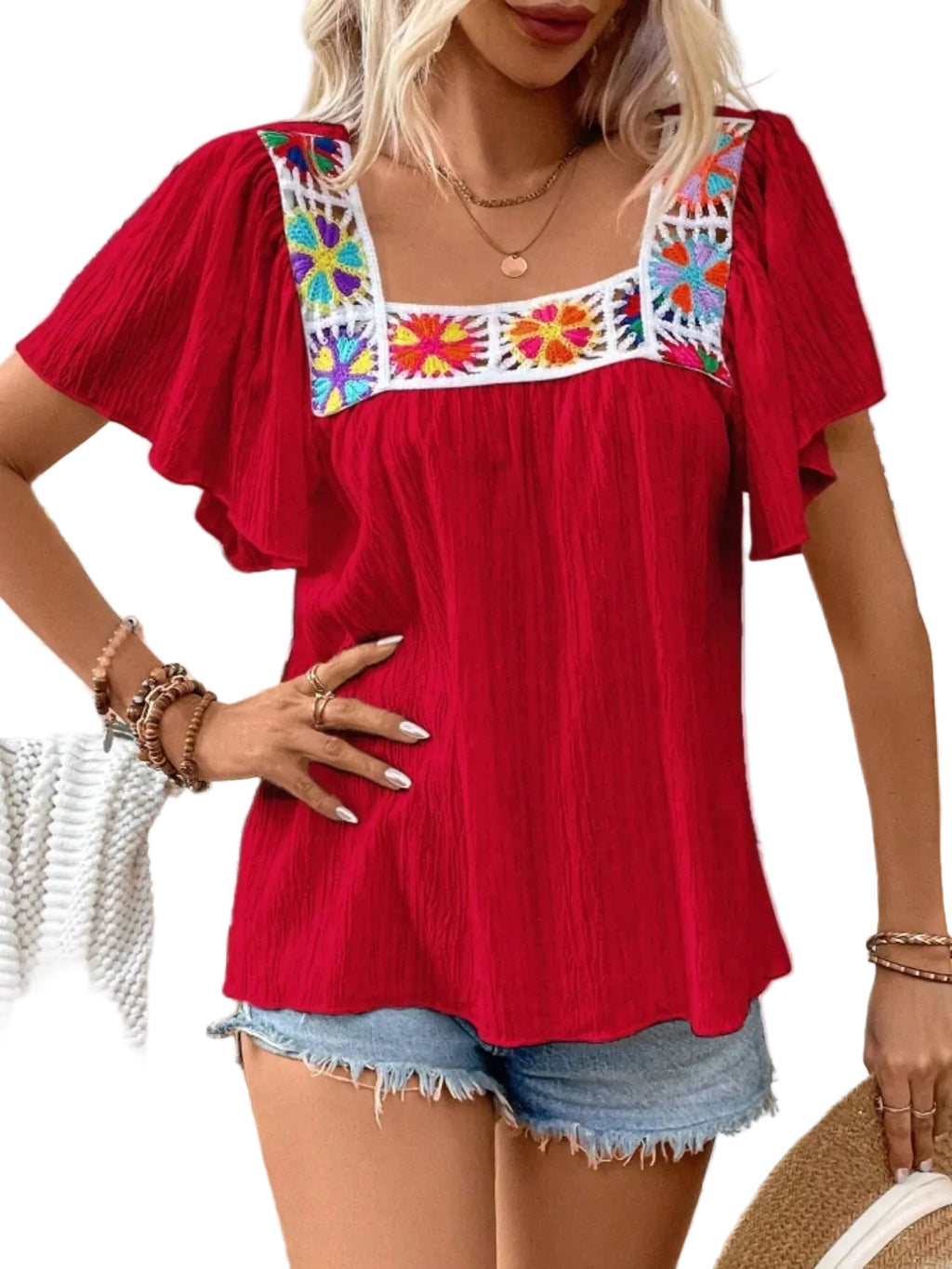 Embroidered Square Neck Blouse with Flutter Sleeves
