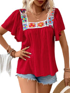 Embroidered Square Neck Blouse with Flutter Sleeves