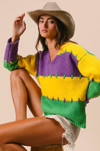 BiBi Womens Sweater Mardi Gras Stripes Stitch Detail Knit Pullover 8c3f0aa1d2e04d968faeccb4bbe2a62a-Max-Origin Trendsi