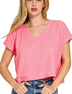 Zenana Soft Melange V-Neck Drop Shoulder Cropped Top