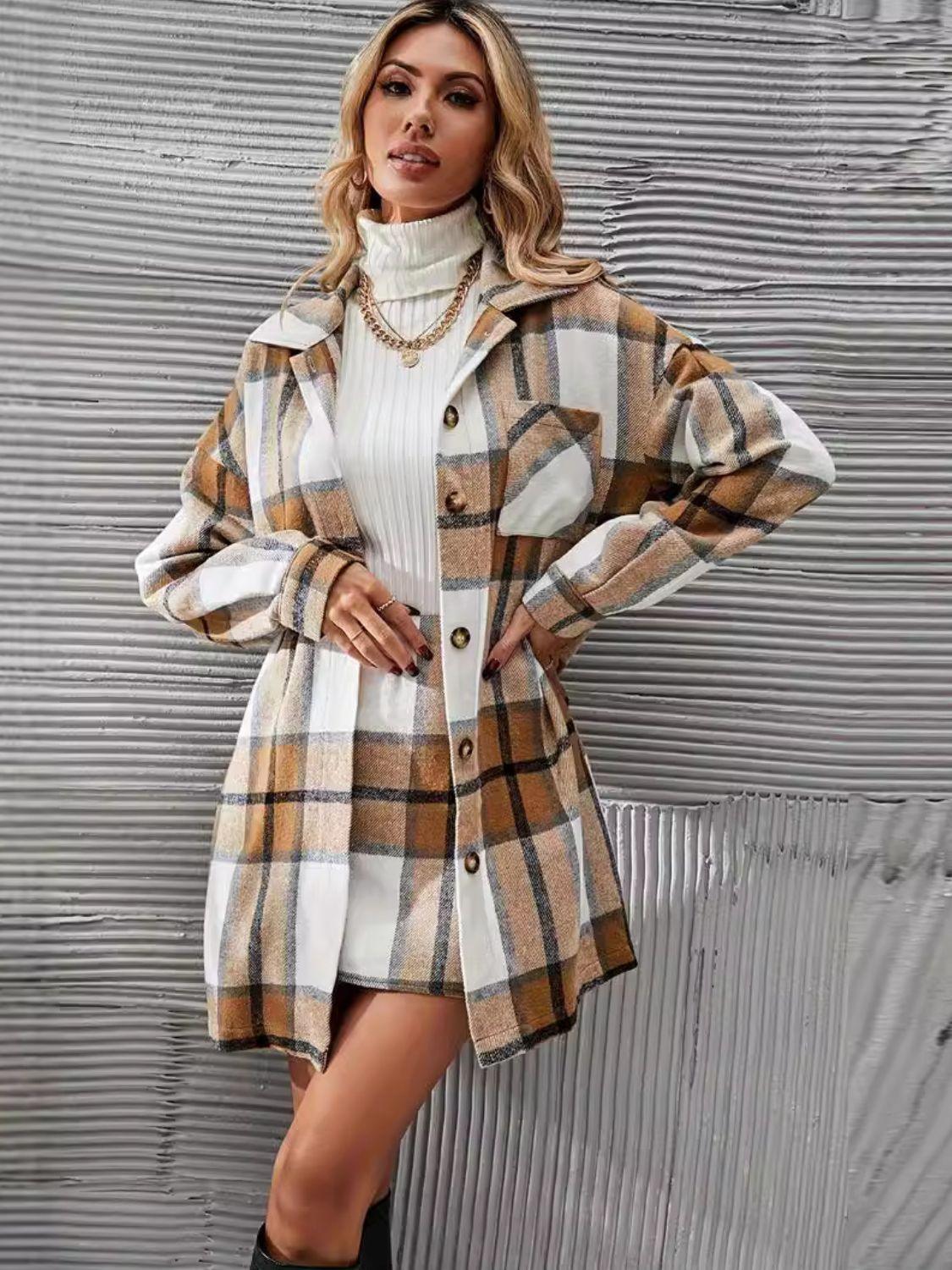 Plaid Outfit Set Button Up Long Sleeve Coat and Skirt Set