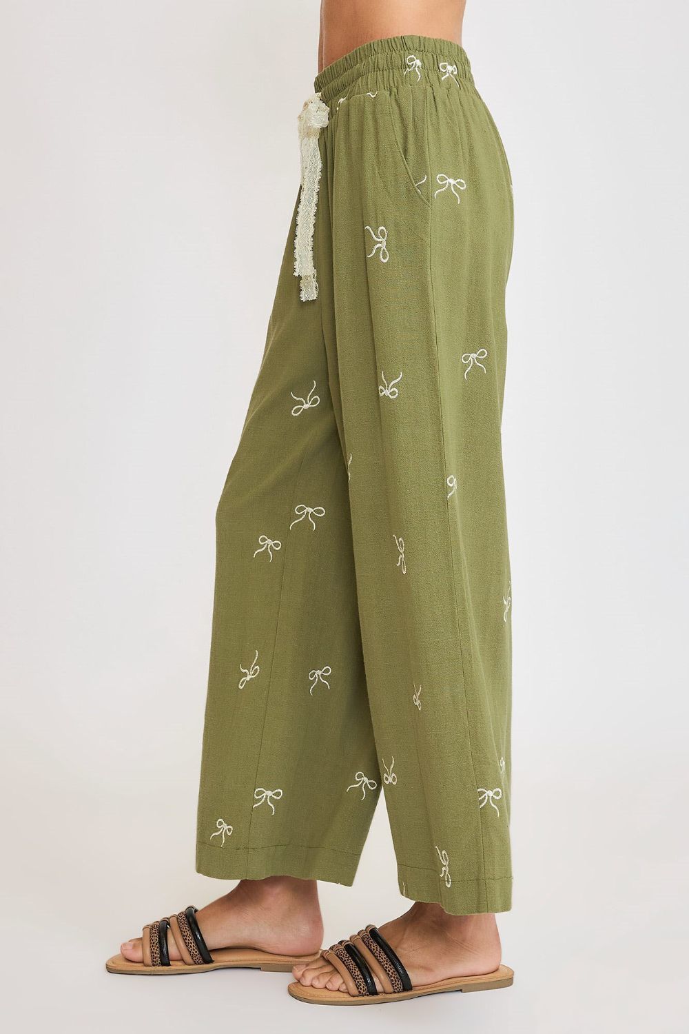 Umgee Linen Blend Pants Bow Embroidered Yellow Green Drawstring Wide Leg