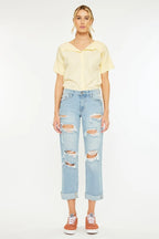 Kancan Boyfriend Jeans Women's Mid Rise Distressed Light Washed 8c4961f1d88749239a3de0ca87368825-Max-Origin Trendsi