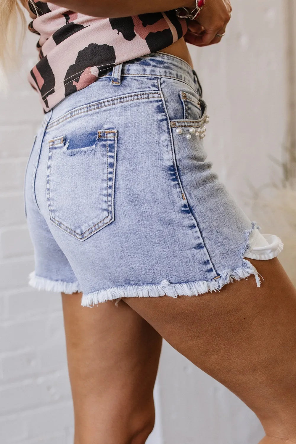 Denim Shorts Pearl Studded Pockets Raw Hem Light Blue 8c4afc3e-1d39-499d-a2a8-50896dbccc10-Max-Origin Trendsi
