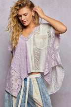 POL Asymmetrical V-Neck Short Sleeve Lace Top