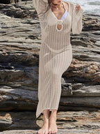 Swimwear Cover-Up Maxi Dress Knit Long Sleeve Backless Tied Beige 8c59512f-9e57-4a0a-b4fa-0e0aa11f01b1-Max-Origin Trendsi