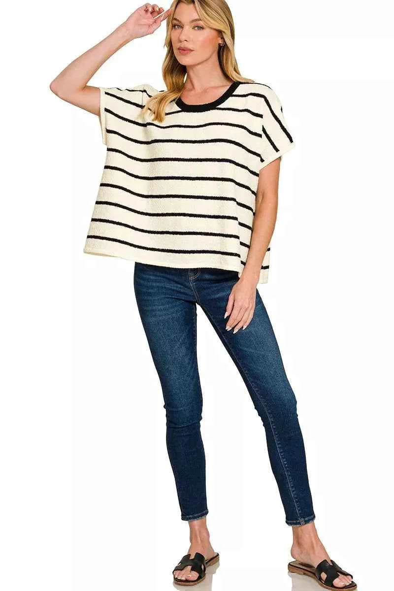 Zenana Sweater Top Black Striped Oversize Short Sleeve Blouse 8c5a8898e0b747f4a3a5c637a7fc4b7e-Max-Origin Trendsi