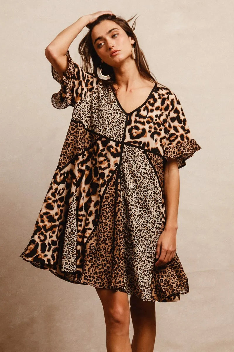 BiBi Leopard Dress Mix and Match Prints Short Sleeves Oversized V Neck 8c5b1e474b4341d3973f747573311431-Max-Origin Trendsi