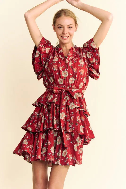 Davi & Dani Ruffle Mini Dress Rust Floral Flutter Short Sleeve Tie Belt Tiered Orange Rust 8c5bcd2632b7461b9f6743fe59db8627-Max-Origin Trendsi
