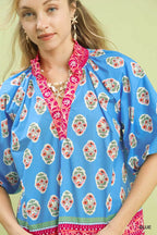 Umgee Womens Blouse Blue Boho Border Print Peasant Short Sleeve Top 8c6d19f9-20cc-445b-9144-d2677ac19dd5-Max-Origin Trendsi