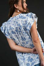 Umgee Top Floral Sky Blue Two Tone Print Boxy Cut Blouse Short Sleeve 8c7004aa-7498-44ae-8f58-128b12cb4b82-Max Trendsi