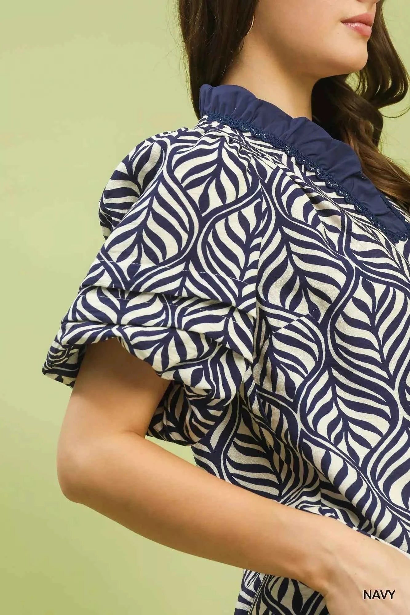 Umgee Printed Puff Sleeve Ruffle Neck Top