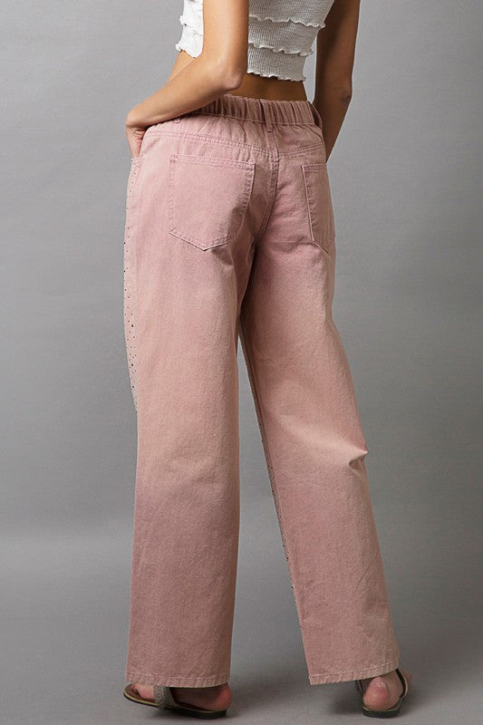 POL Wide Leg Pants Dusty Pink Rhinestone Embellishments Gradient 100% Cotton